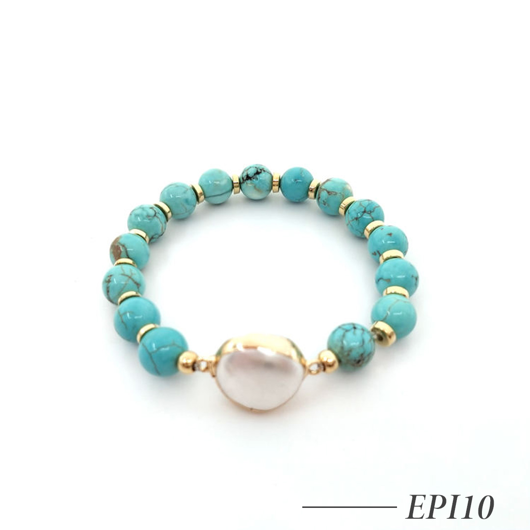EPI10-Turquoise Beaded Bracelet with Natural Pearl Charm