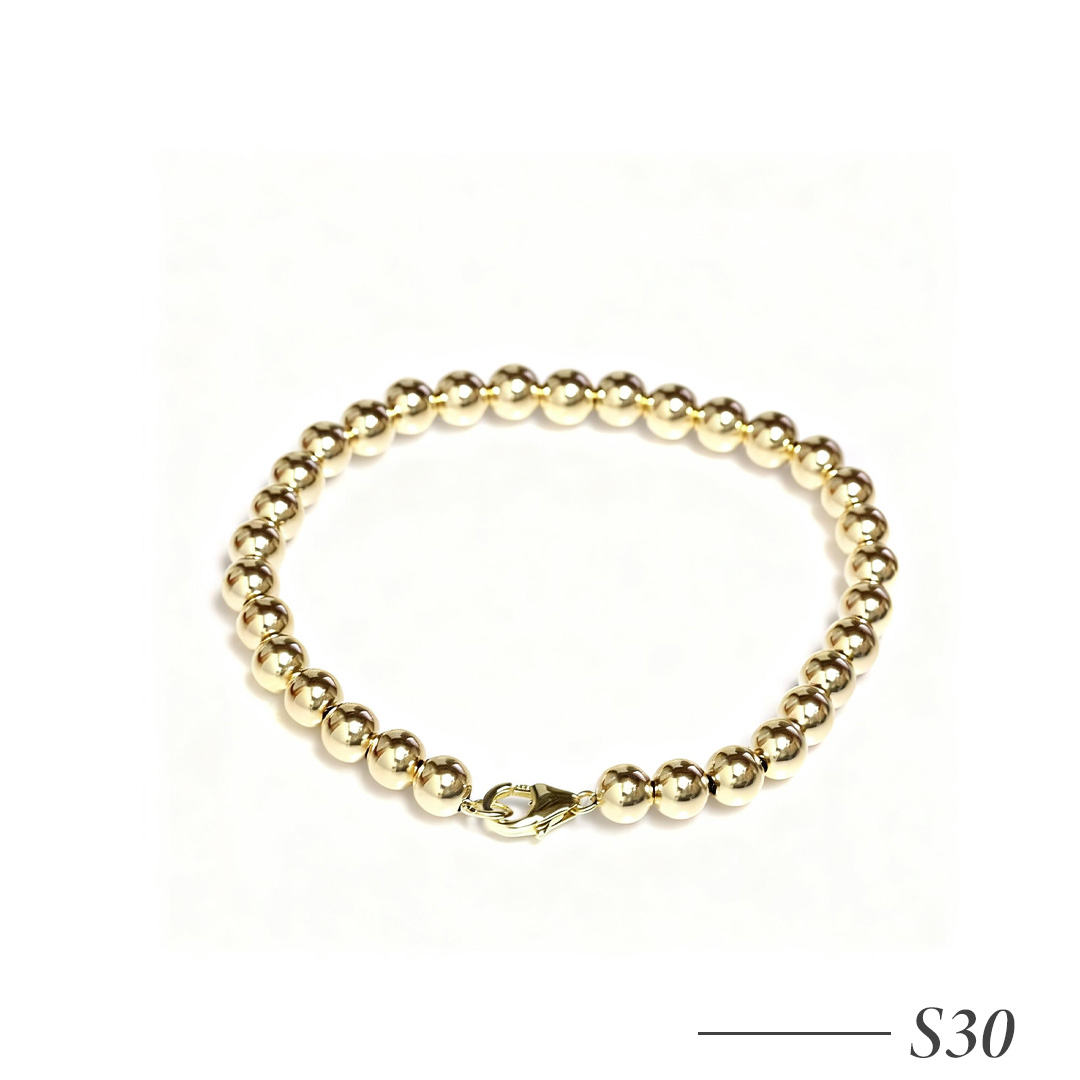 S30-14K Gold Beaded Ball Bracelet 5mm with Lobster Clasp Adjustable Length Bracelet for Women