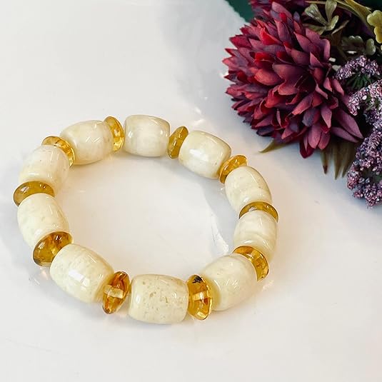 R20-Natural Baltic Amber Beaded Bracelet Milky White Stretch Bracelet for Women and Men