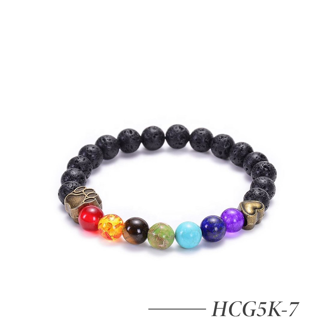 HCG5K-7 Chakra Lava Stone Bracelet with Crystal Beads