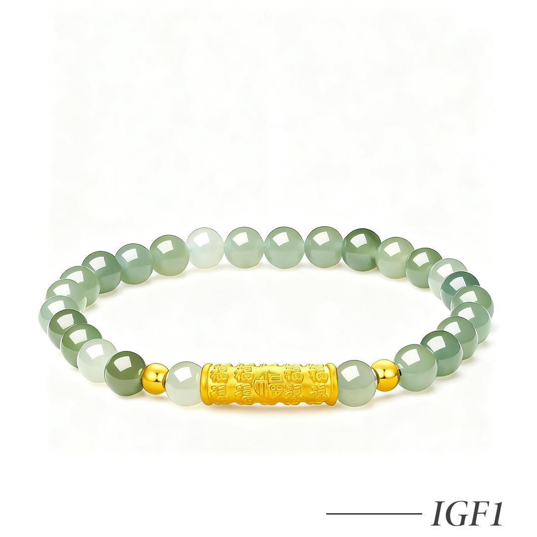 IGF1-24K Gold Green Jade Beaded Bracelet – Adjustable Stretch Bracelet