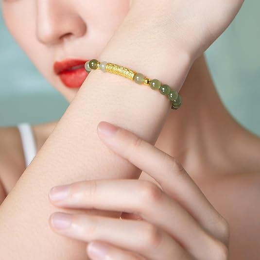 IGF1-24K Gold Green Jade Beaded Bracelet – Adjustable Stretch Bracelet