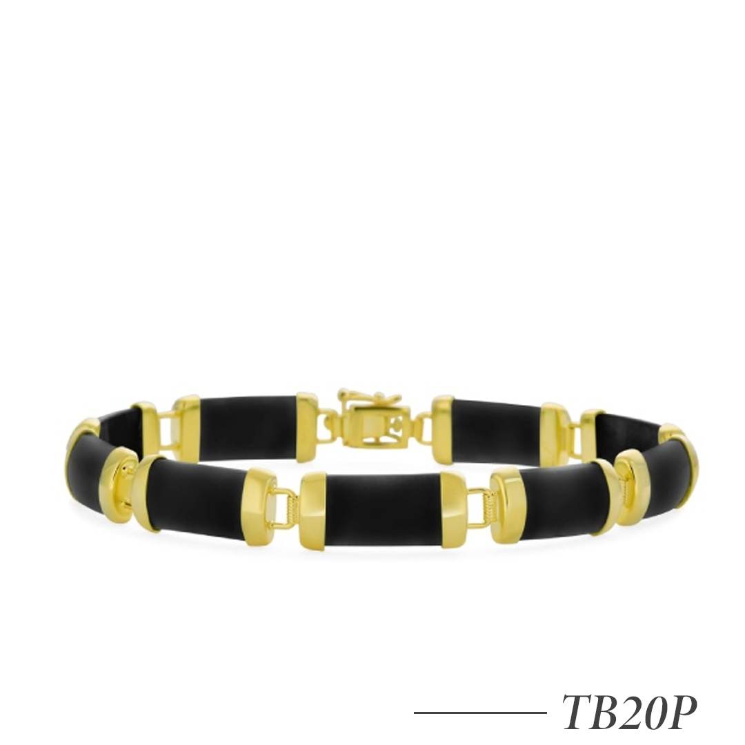 TB20P-Black Onyx & Multi-Color Jade Link Bracelet – 925 Sterling Silver 14K Gold Plated