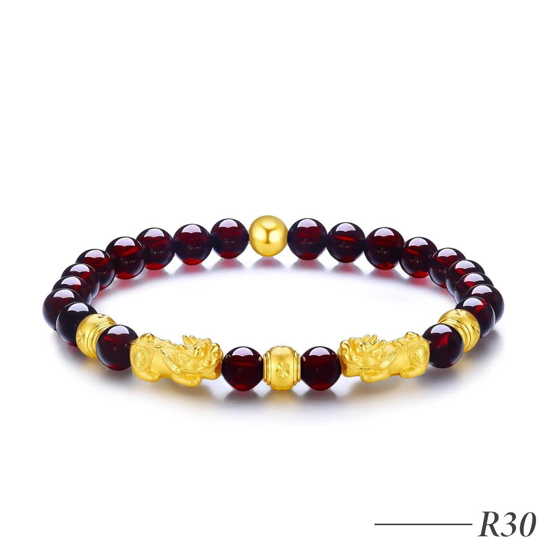 R30-24K Solid Gold Garnet Beaded Bracelet with Gold Charm Stretch Bracelet for Women and Men