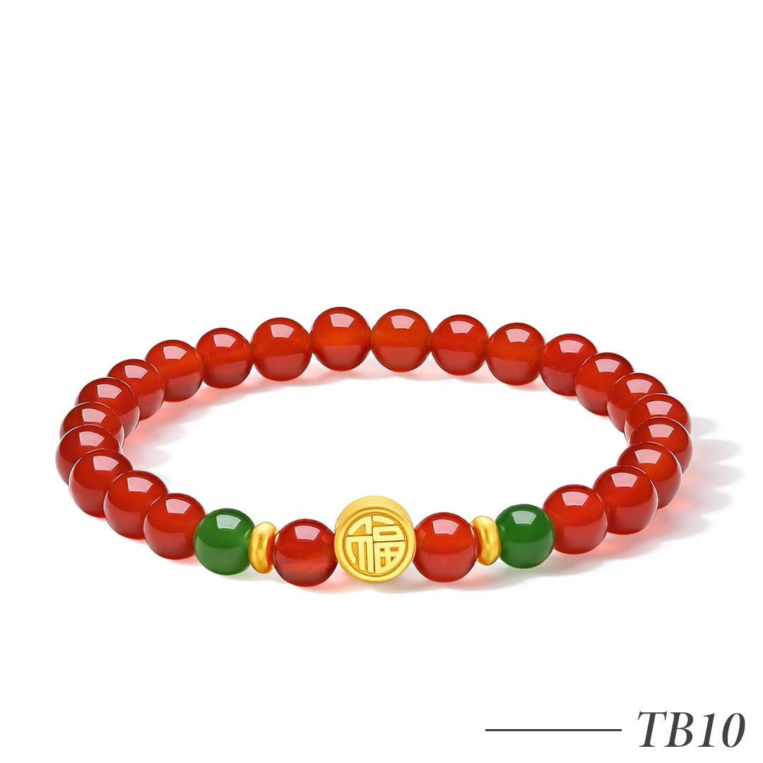 TB10-24K Solid Gold Red Agate and Green Jade Beaded Stretch Bracelet for Women