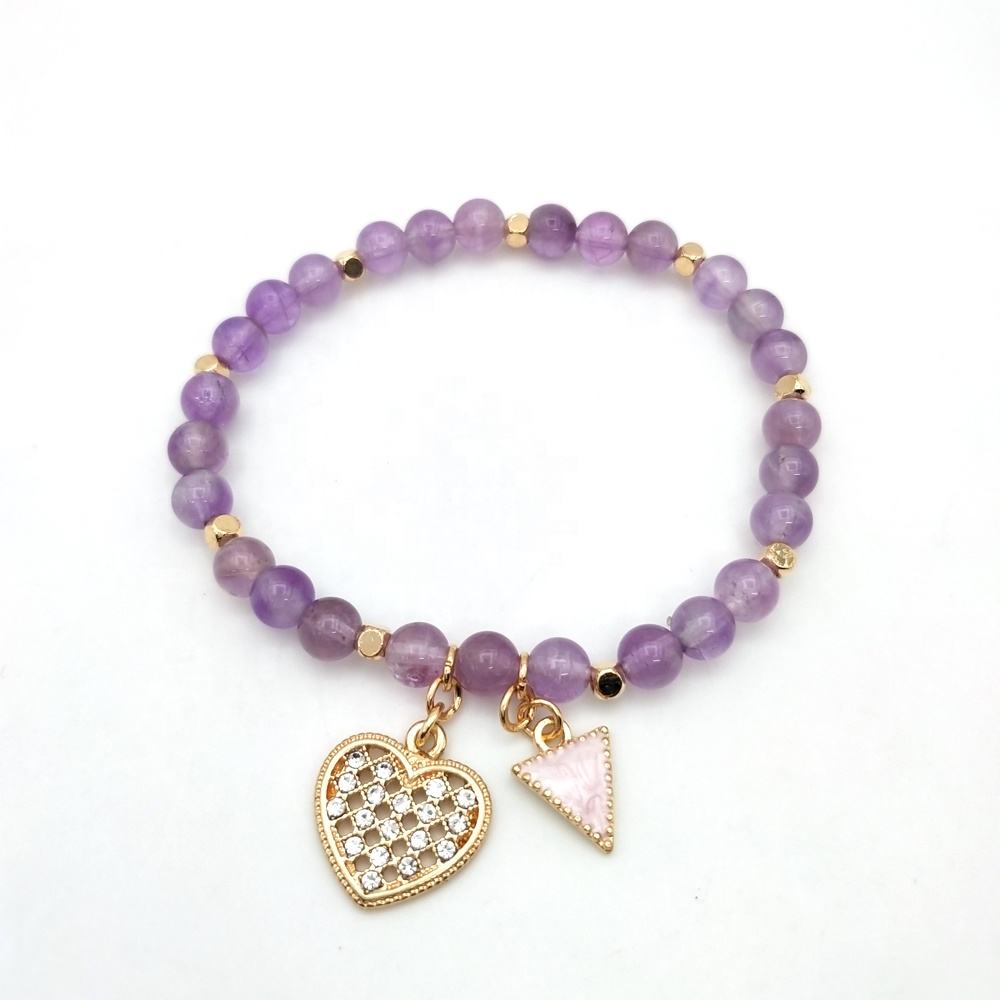 GHRP5-Amethyst Beaded Bracelet with Heart Charm